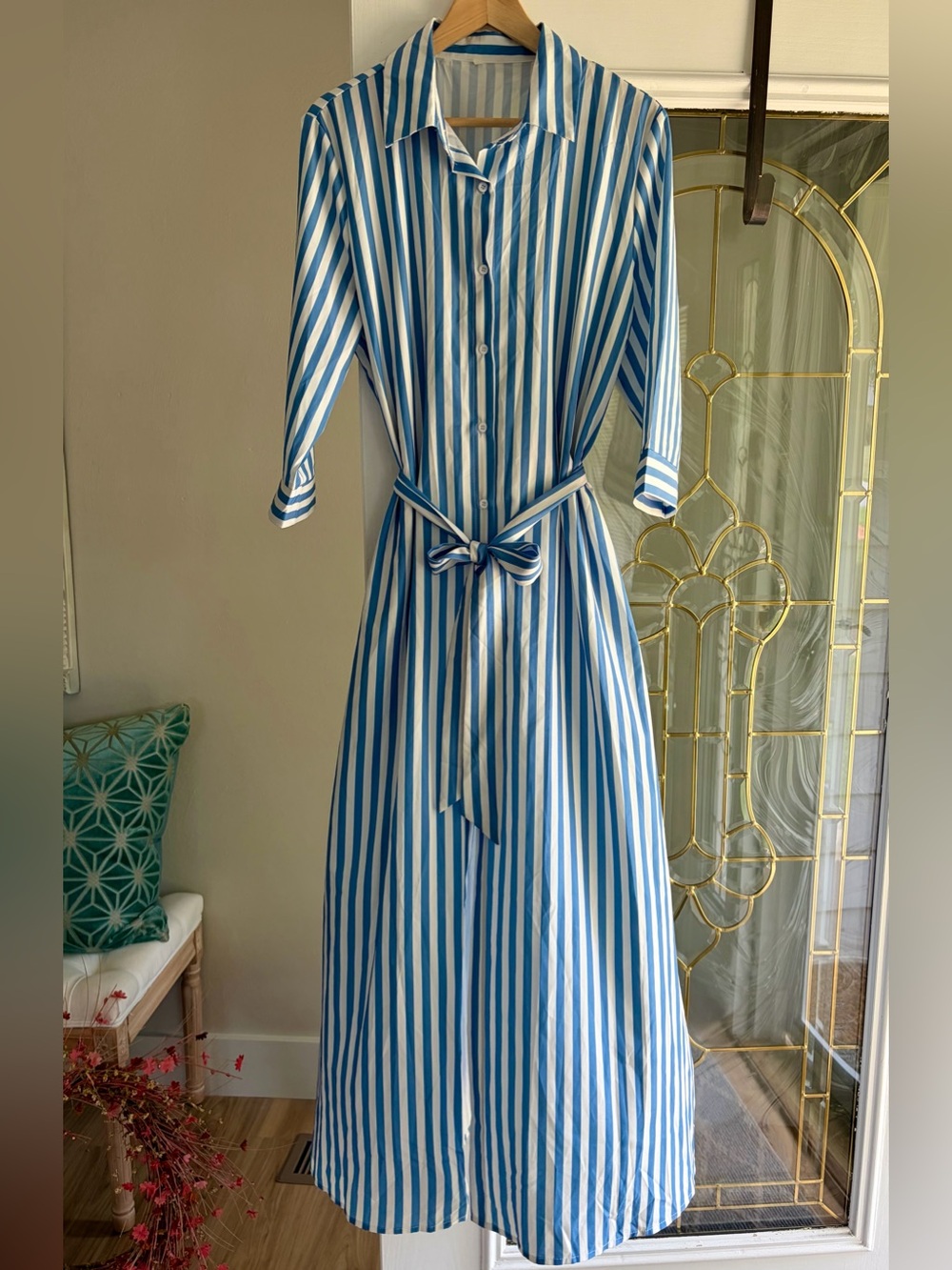 Striped Blue and White Tie-Waist Shirt Dress - Picture 5 of 10
